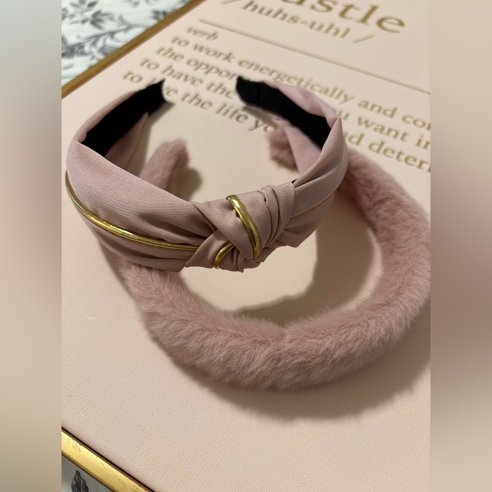 Pink Knotted and Furry Headband Set